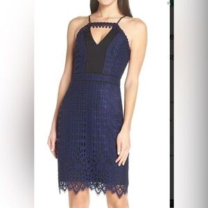 Anthropologie Harlyn Lace crochet Plunge Cut Out halter Mini Dress navy black M